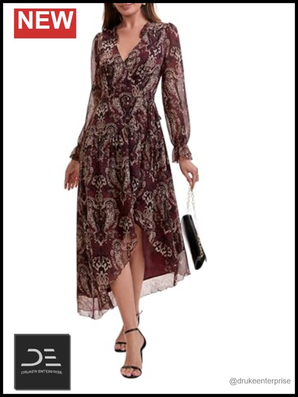 Women's Bohemian Floral Print Tie-Waist Wrap Midi Dress Long Sleeve V-Neck